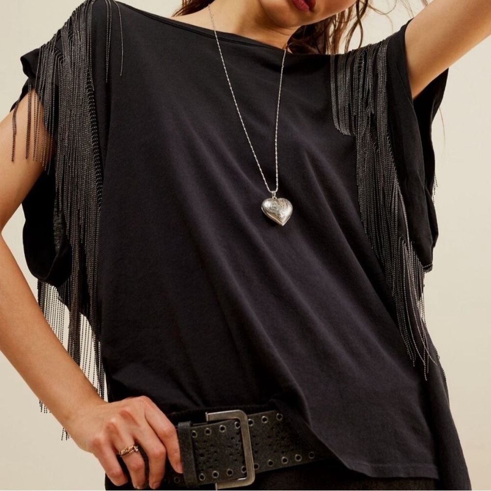 NWT Free People x Tricia Fix Metal Fringe Tee Black Size Medium
